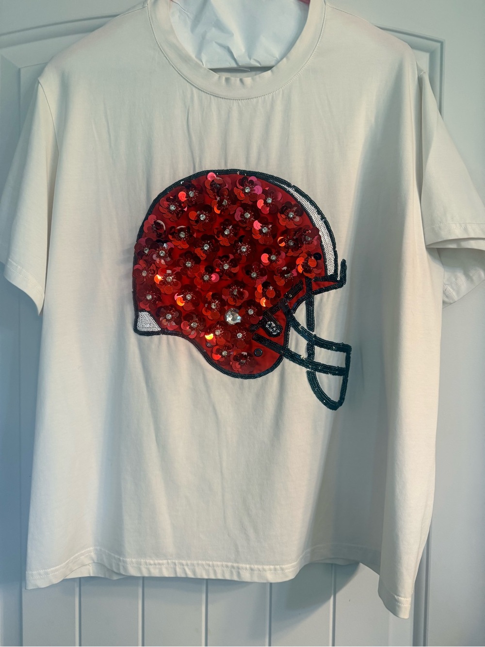 QUEEN OF SPARKLES White Tee with Red Sequin Football Helmet